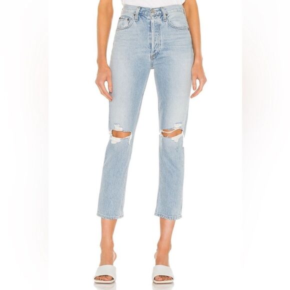 Agolde Riley High Rise Straight Crop Distressed Ripped Knee Jeans - Picture 1 of 14